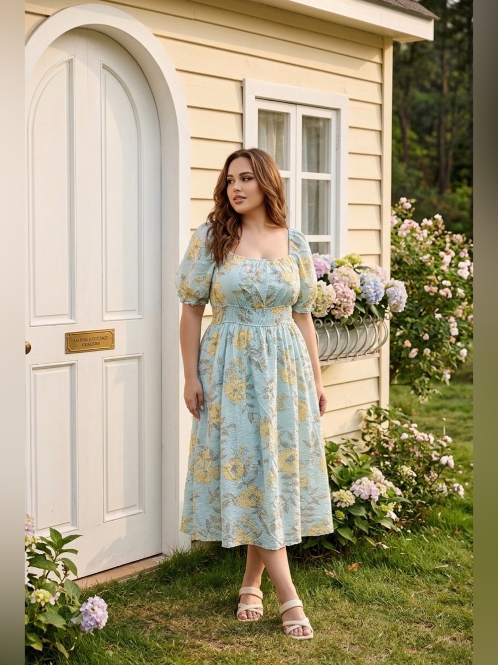 By The River Floral Smocked Waist Midi Dress/Size Large